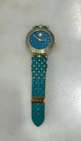 VERSACE  - Turquoise Gold Plated Stainless Steel Leather Wristwatch 40 mm