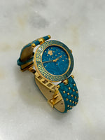 VERSACE  - Turquoise Gold Plated Stainless Steel Leather Wristwatch 40 mm