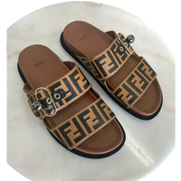 FENDI - Pearland FF Leather Slide Sandals Sz 39.5