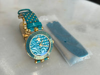 VERSACE  - Turquoise Gold Plated Stainless Steel Leather Wristwatch 40 mm