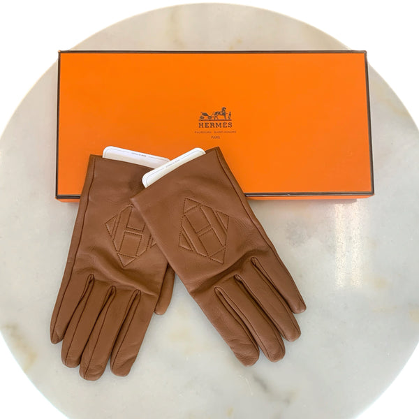 HERMÈS - Brown Leather ‘H’ Gloves Sz 7.5