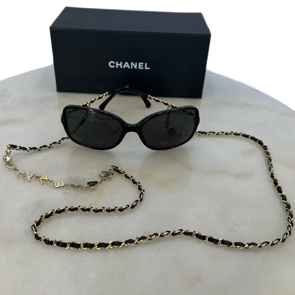 CHANEL - Square Black/Gold Sunglasses & Chain