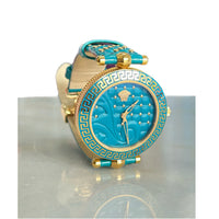 VERSACE  - Turquoise Gold Plated Stainless Steel Leather Wristwatch 40 mm