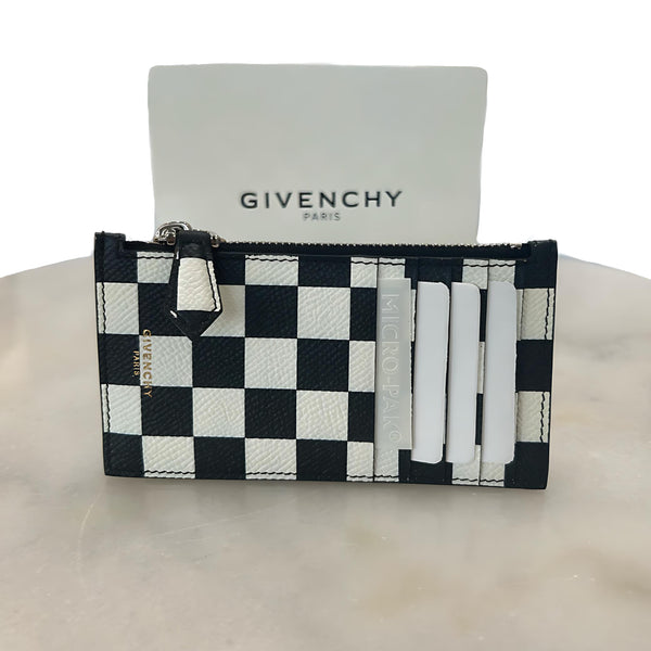 GIVENCHY - Leather Checkered Zip Card Holder Wallet