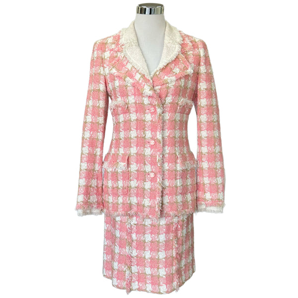 CHANEL - Tweed Skirt Suit Set in Pink & White Sz 38 FR