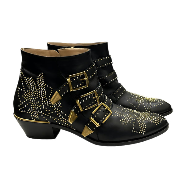 CHLOÉ - Susanna Studded Ankle Boots Black/Gold Sz 41